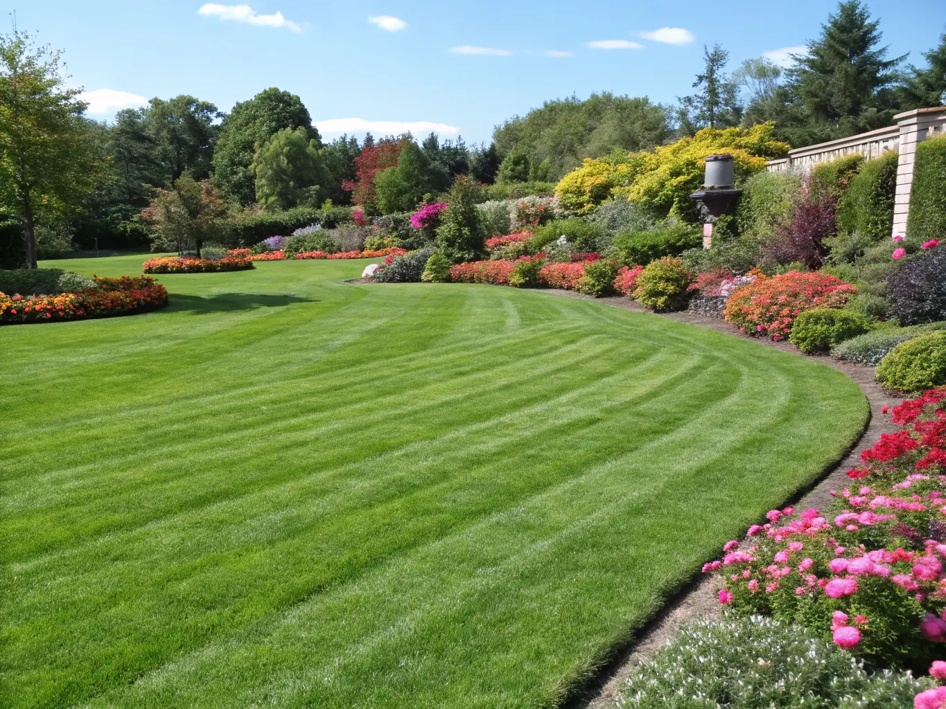 A lush green lawn with vibrant flower beds and a neatly trimmed hedge, showcasing a well-maintained landscape design by Fortuna Landscaping.