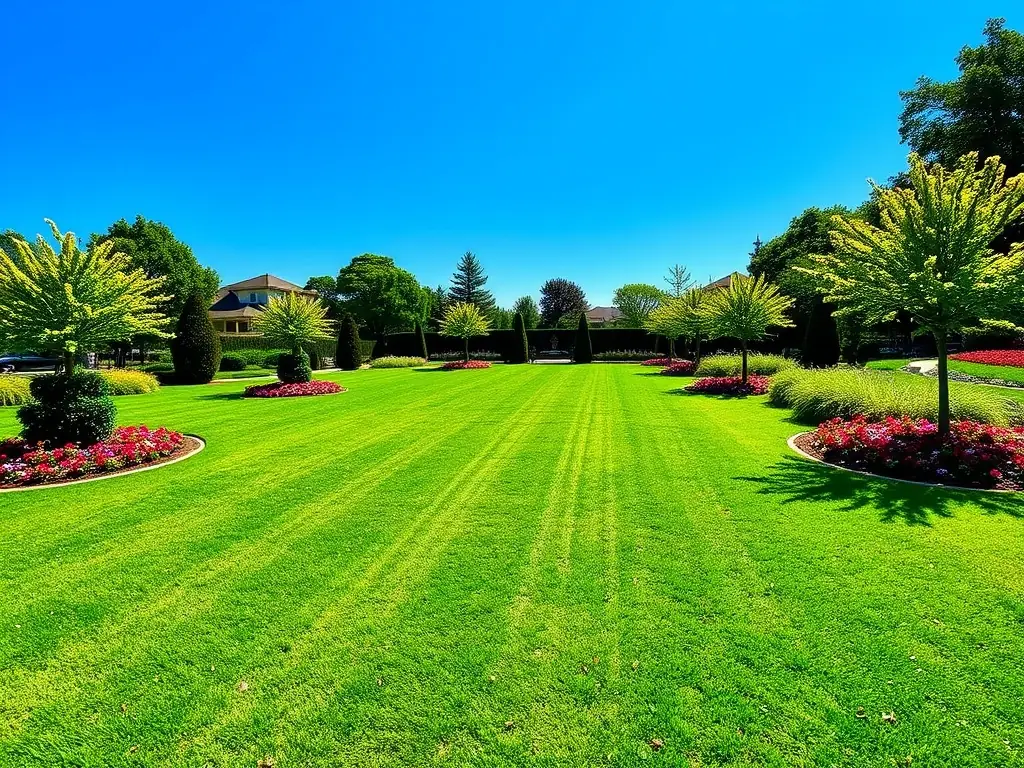 A perfectly manicured lawn with crisp edging and healthy, green grass, illustrating Fortuna Landscaping's monthly lawn maintenance service.