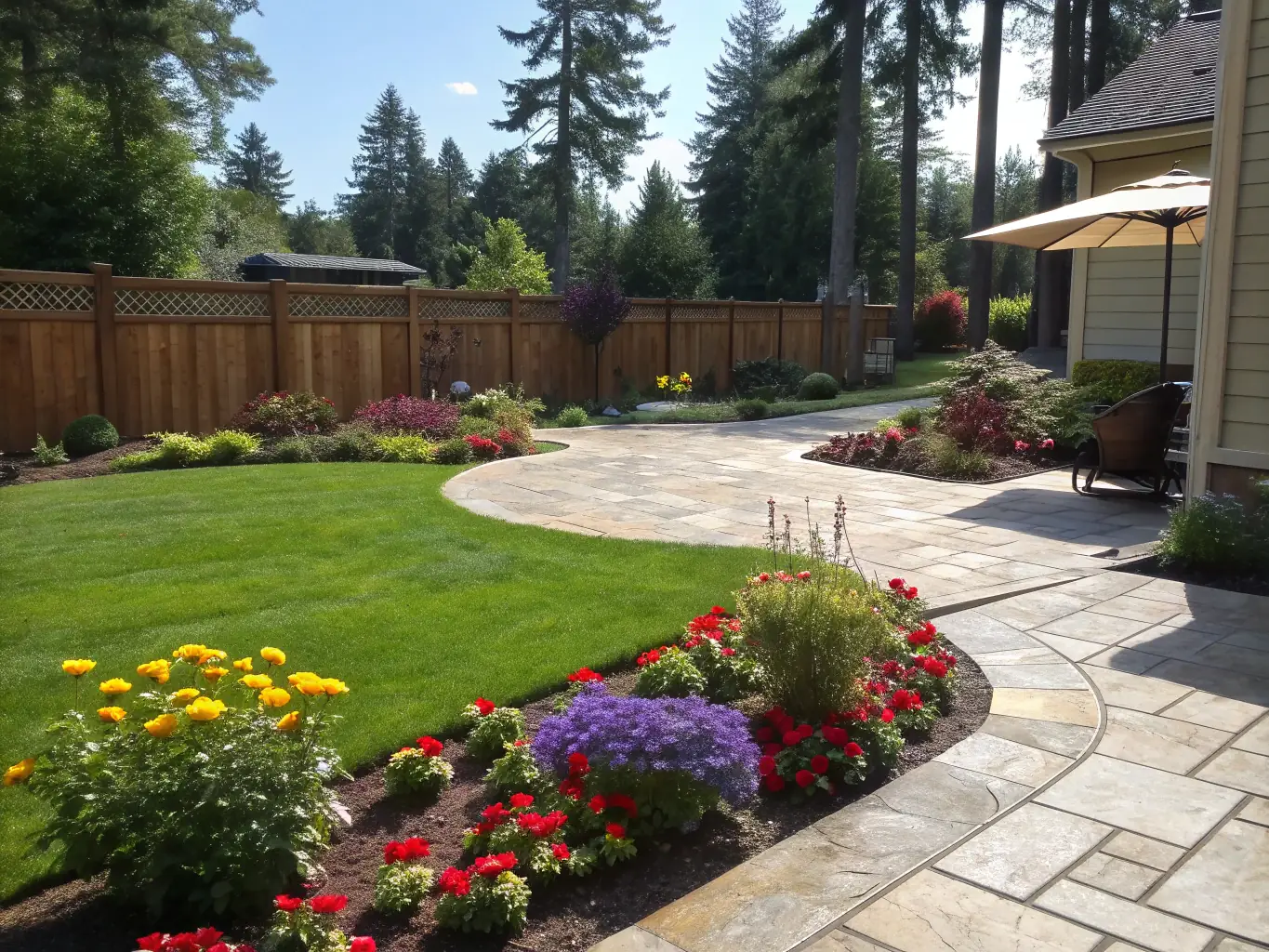 A beautifully designed backyard with a stone patio, outdoor lighting, and a variety of plants, illustrating Fortuna Landscaping's landscape design expertise.