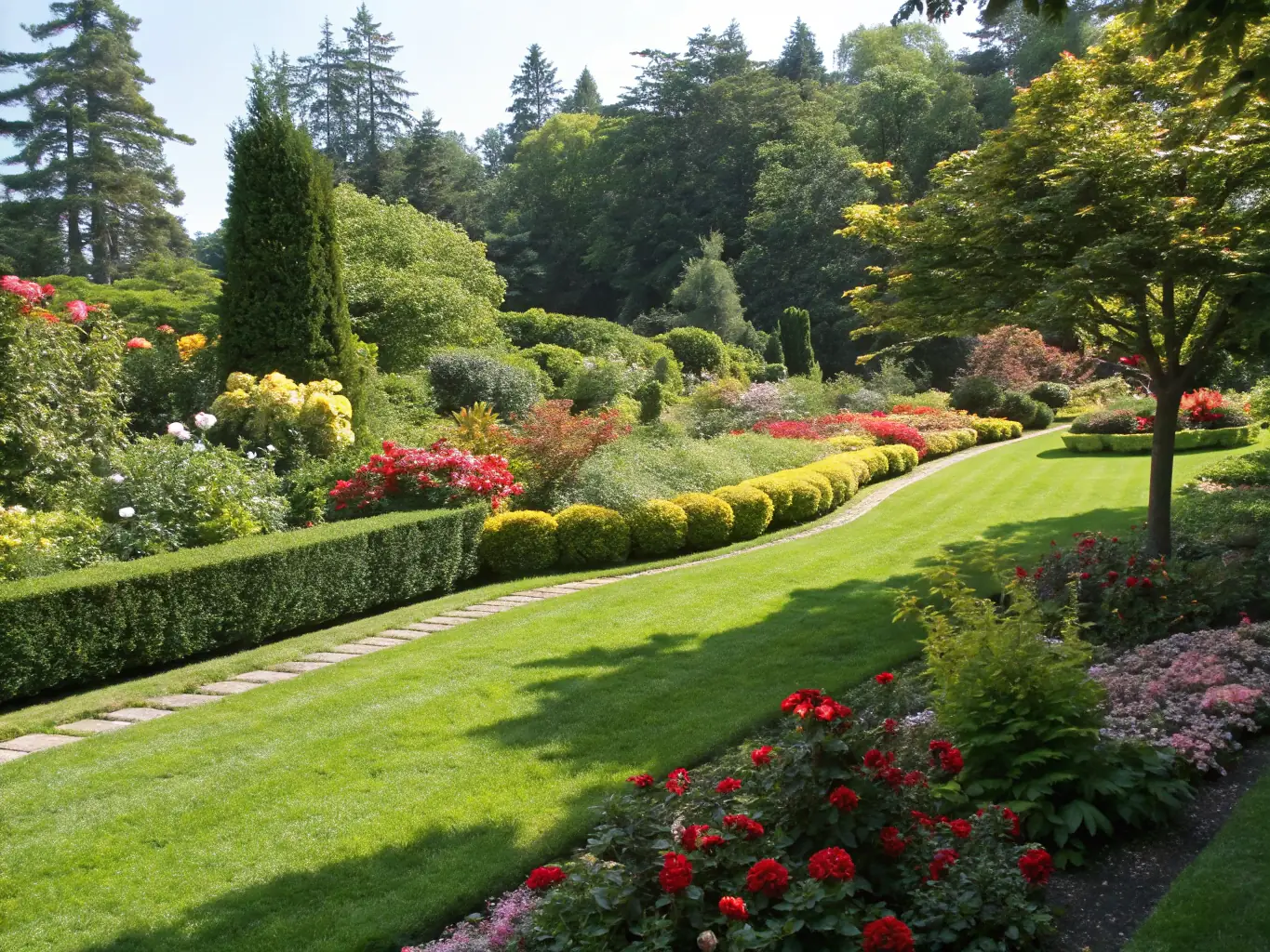 A lush green lawn with perfectly trimmed hedges and vibrant flower beds, showcasing Fortuna Landscaping's meticulous lawn maintenance service.