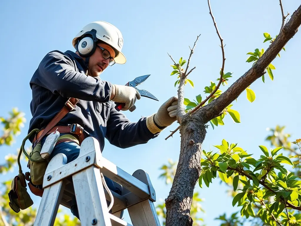 A skilled arborist carefully removing a large tree branch, demonstrating Fortuna Landscaping's safe and efficient tree removal service.